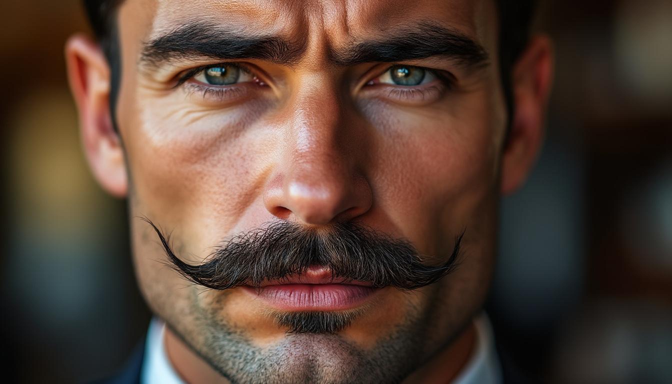 découvrez la moustache anglaise, fine et élégante, divisée en deux parties symétriques avec des pointes effilées sur les côtés pour un style raffiné et classique.