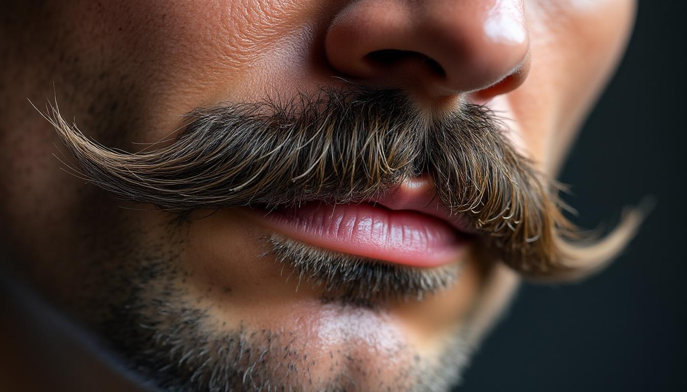 découvrez la moustache anglaise, fine et élégante, divisée en deux parties distinctes avec des pointes effilées délicatement retroussées sur les côtés pour un style sophistiqué.