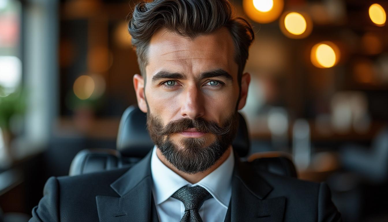 découvrez le style royale : une moustache élégante accompagnée d'une petite touffe sous la lèvre, pour un look sophistiqué et unique.
